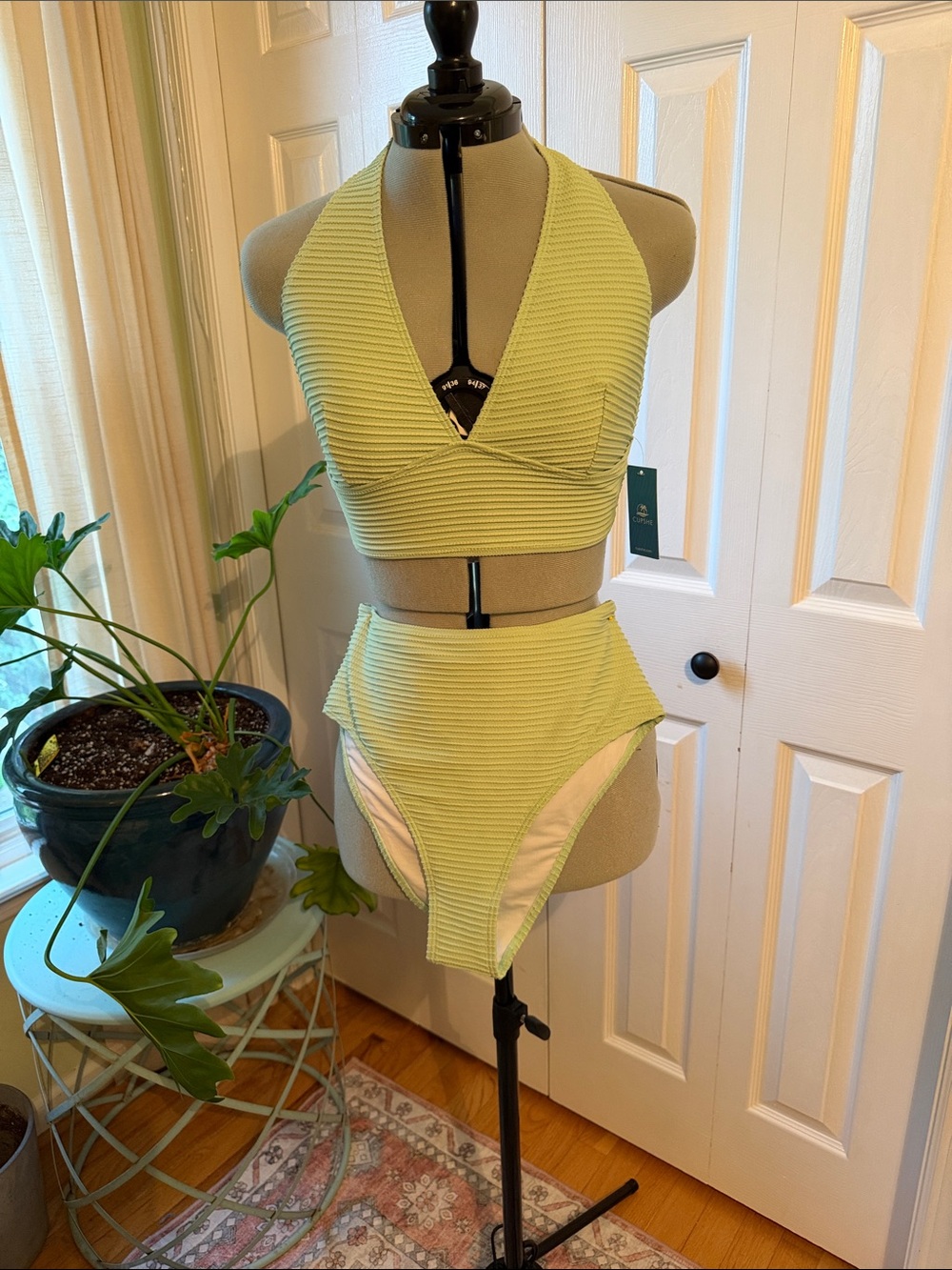 Cupshe Light Green Ribbed Halter High-Waist Bikini Set